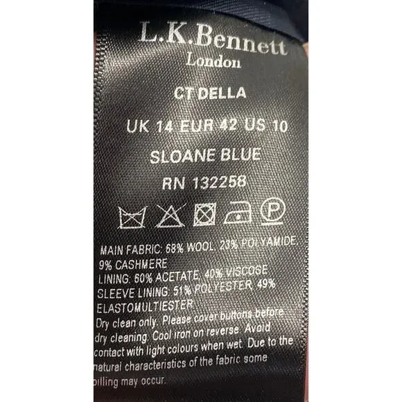 LK Bennett Della Coat Long Double Breasted Wool Cashmere Navy Blue Womens 10 - Picture 8 of 9